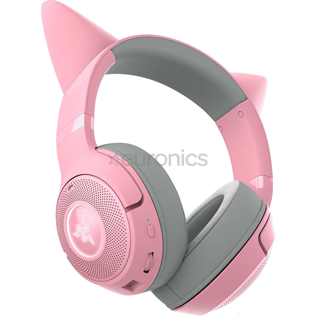 Razer — Kraken Kitty V3 Pro - A fejhallgató használat közben, megvilágított cicafülekkel egy íróasztalnál