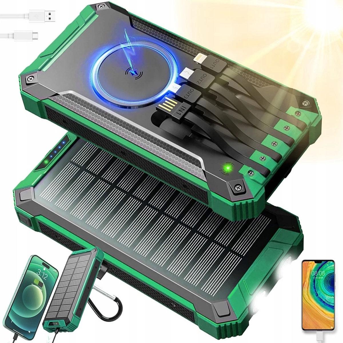 T3 SinglePass StyleMax - A zöld-fekete napelemes power bank elölnézete a napelemmel és a beépített kábelekkel